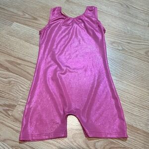 Girls Pink Metallic Shimmer Gymnastics Biketard Unitard Size 130 Sleeveless